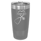 Laser etched dark gray 20 oz vacuum insulated tumbler with 'Nurse Life' design