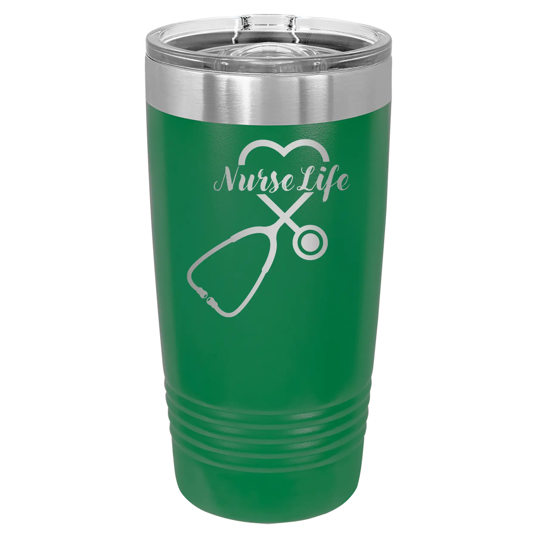 Laser etched green 20 oz vacuum insulated tumbler with 'Nurse Life' design