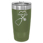 Laser etched olive green 20 oz vacuum insulated tumbler with 'Nurse Life' design
