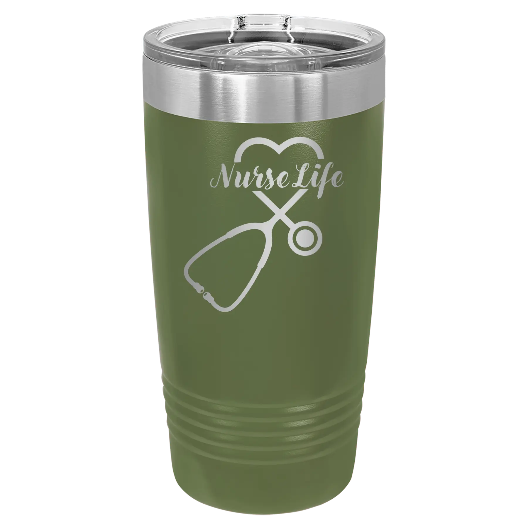 Laser etched olive green 20 oz vacuum insulated tumbler with 'Nurse Life' design