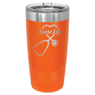 Laser etched orange 20 oz vacuum insulated tumbler with 'Nurse Life' design