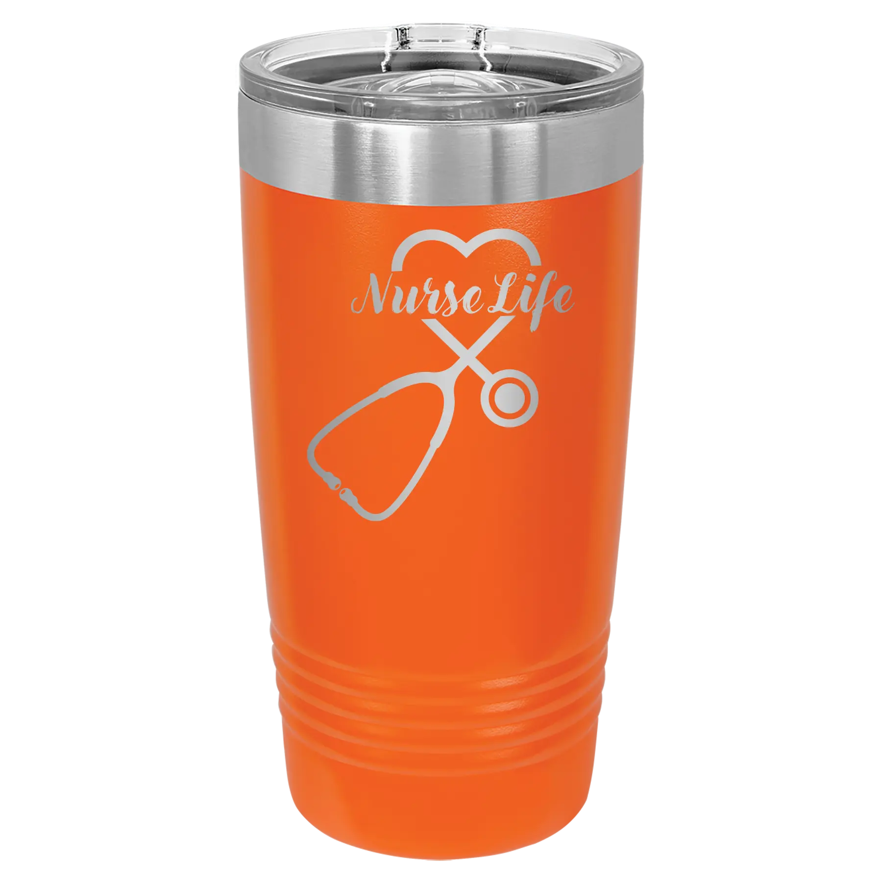 Laser etched orange 20 oz vacuum insulated tumbler with 'Nurse Life' design