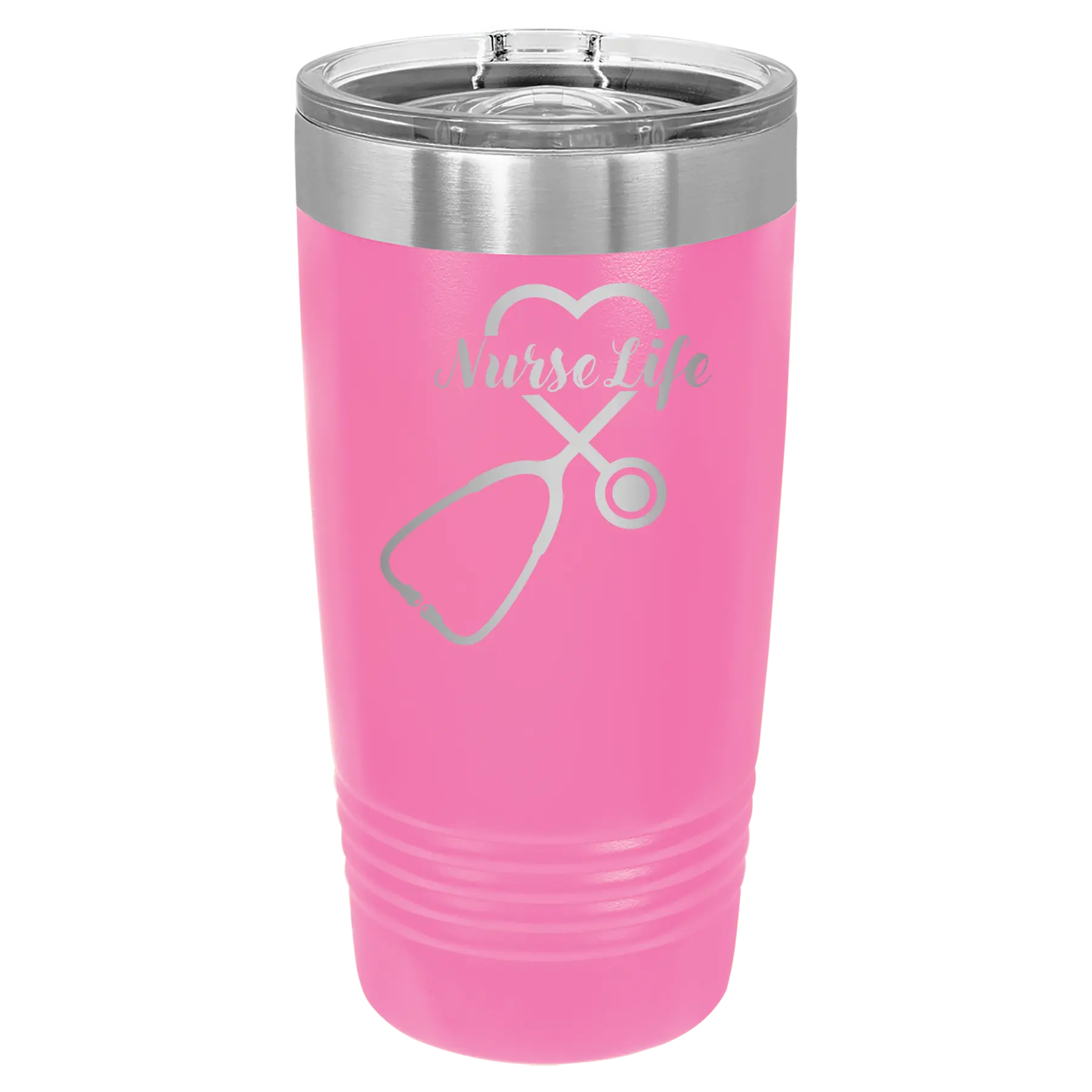 Laser etched pink 20 oz vacuum insulated tumbler with 'Nurse Life' design