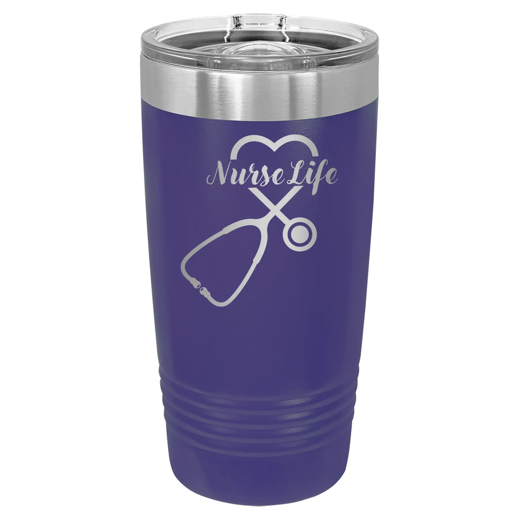 Laser etched purple 20 oz vacuum insulated tumbler with 'Nurse Life' design