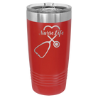 Laser etched red 20 oz vacuum insulated tumbler with 'Nurse Life' design