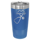 Laser etched royal blue 20 oz vacuum insulated tumbler with 'Nurse Life' design
