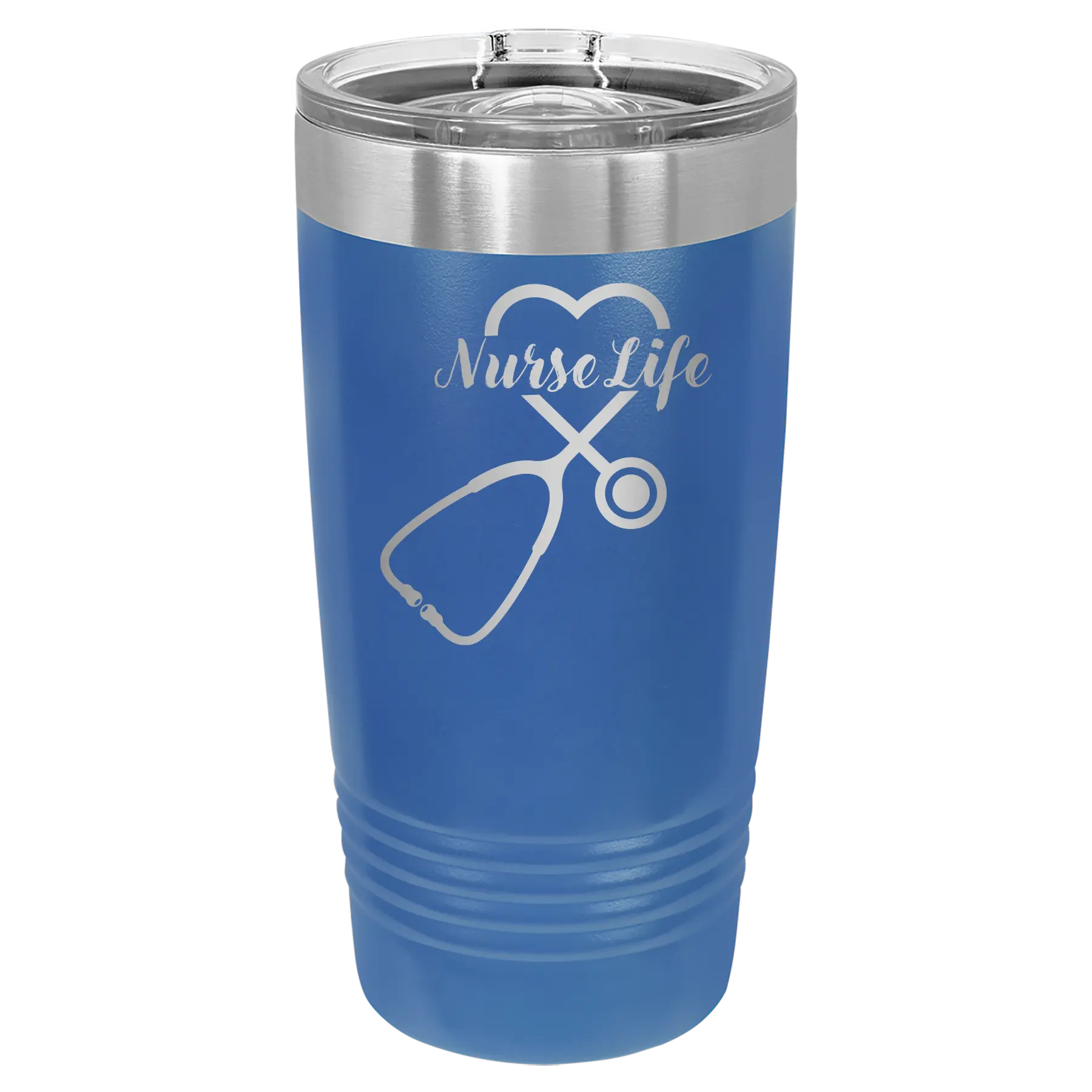 Laser etched royal blue 20 oz vacuum insulated tumbler with 'Nurse Life' design