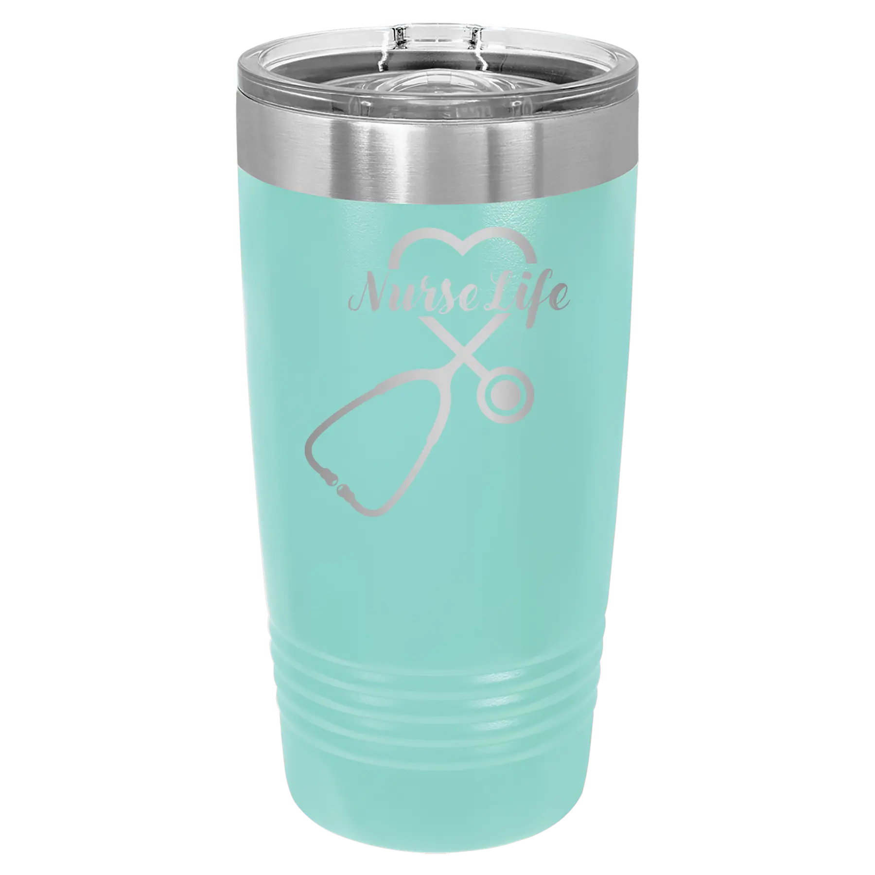 Laser etched teal 20 oz vacuum insulated tumbler with 'Nurse Life' design