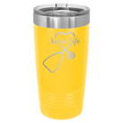 Laser etched yellow 20 oz vacuum insulated tumbler with 'Nurse Life' design