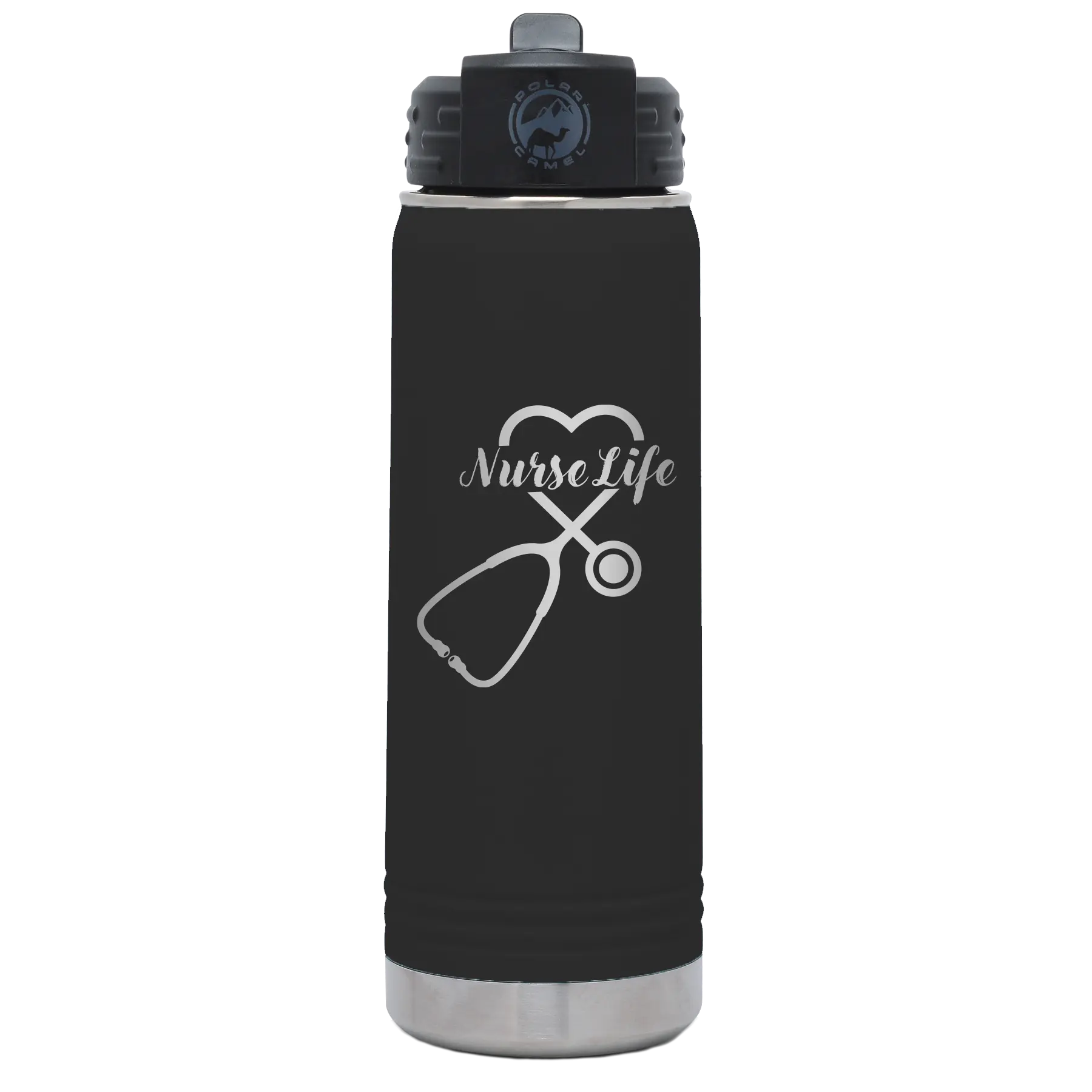 Laser etched black 20 oz vacuum insulated water bottle with 'Nurse Life' design