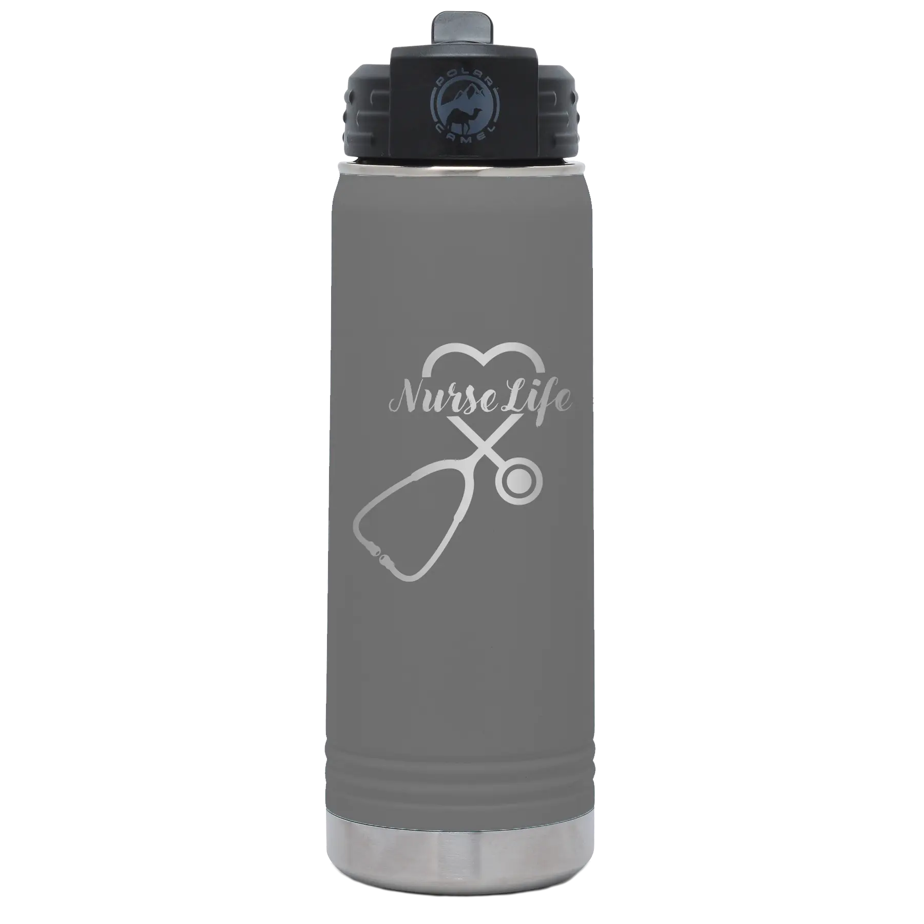 Laser etched dark gray 20 oz vacuum insulated water bottle with 'Nurse Life' design