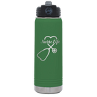 Laser etched green 20 oz vacuum insulated water bottle with 'Nurse Life' design