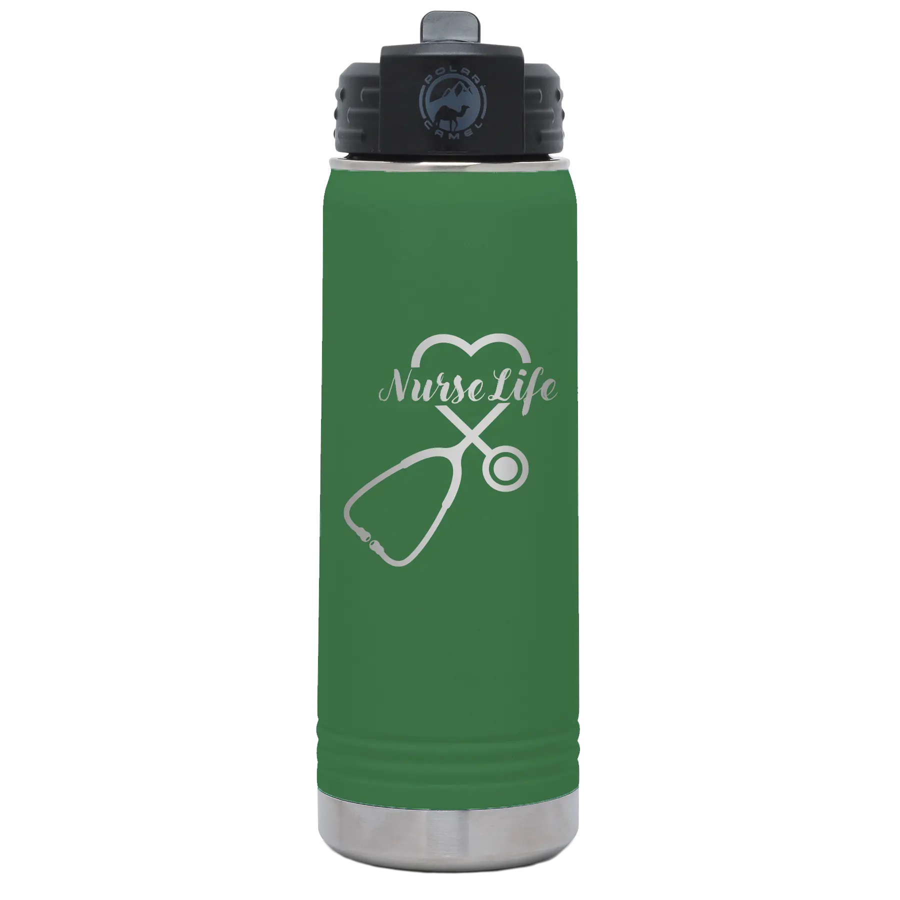 Laser etched green 20 oz vacuum insulated water bottle with 'Nurse Life' design
