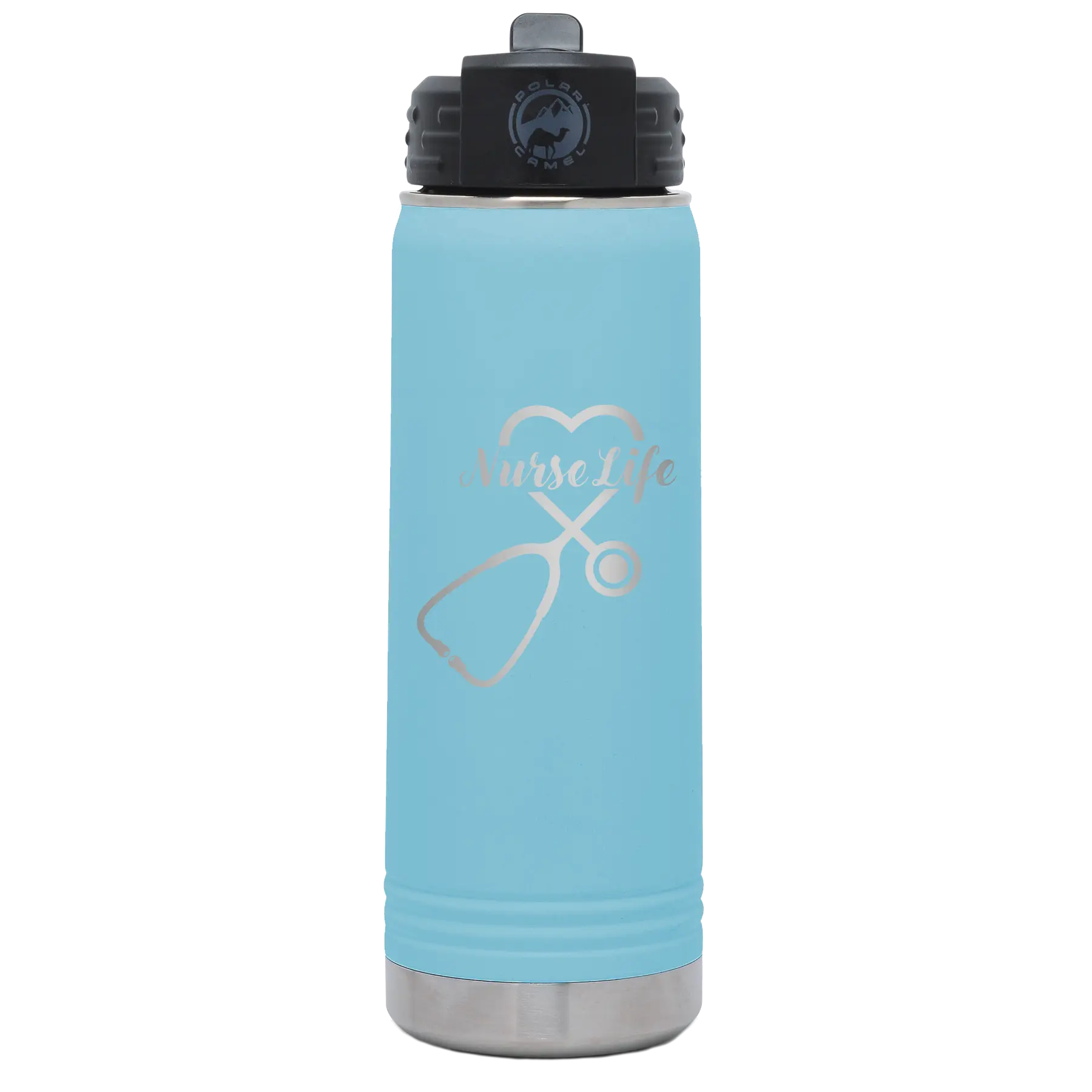 Laser etched light blue 20 oz vacuum insulated water bottle with 'Nurse Life' design