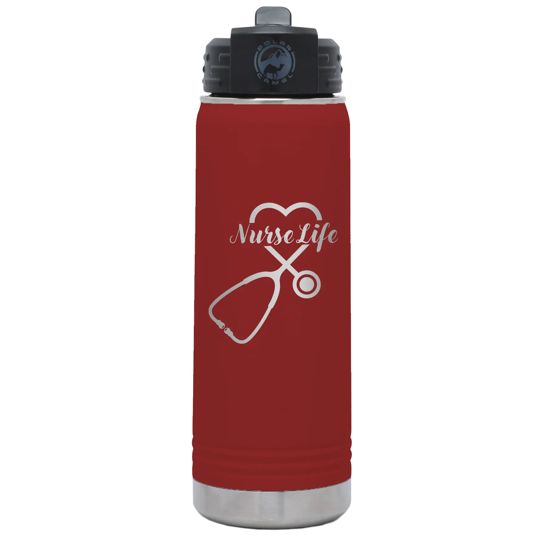 Laser etched maroon 20 oz vacuum insulated water bottle with 'Nurse Life' design