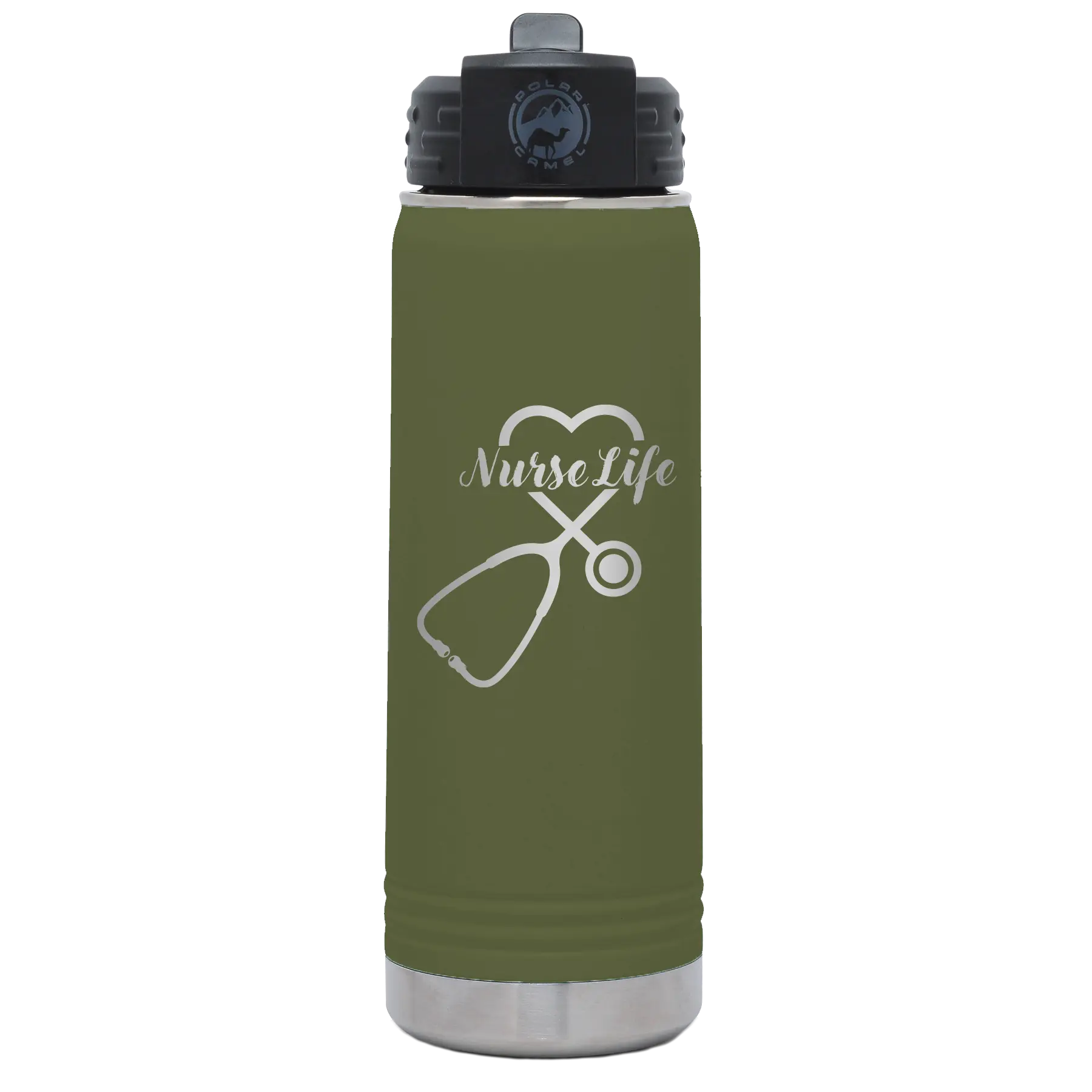 Laser etched olive green 20 oz vacuum insulated water bottle with 'Nurse Life' design