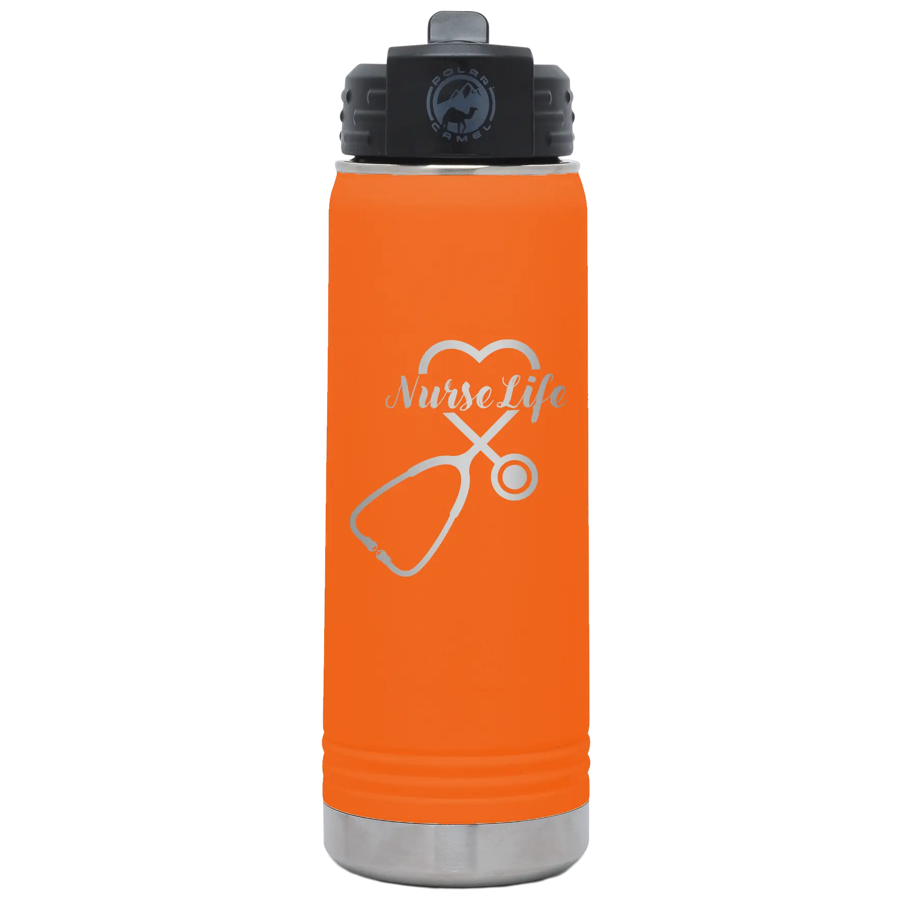 Laser etched orange 20 oz vacuum insulated water bottle with 'Nurse Life' design