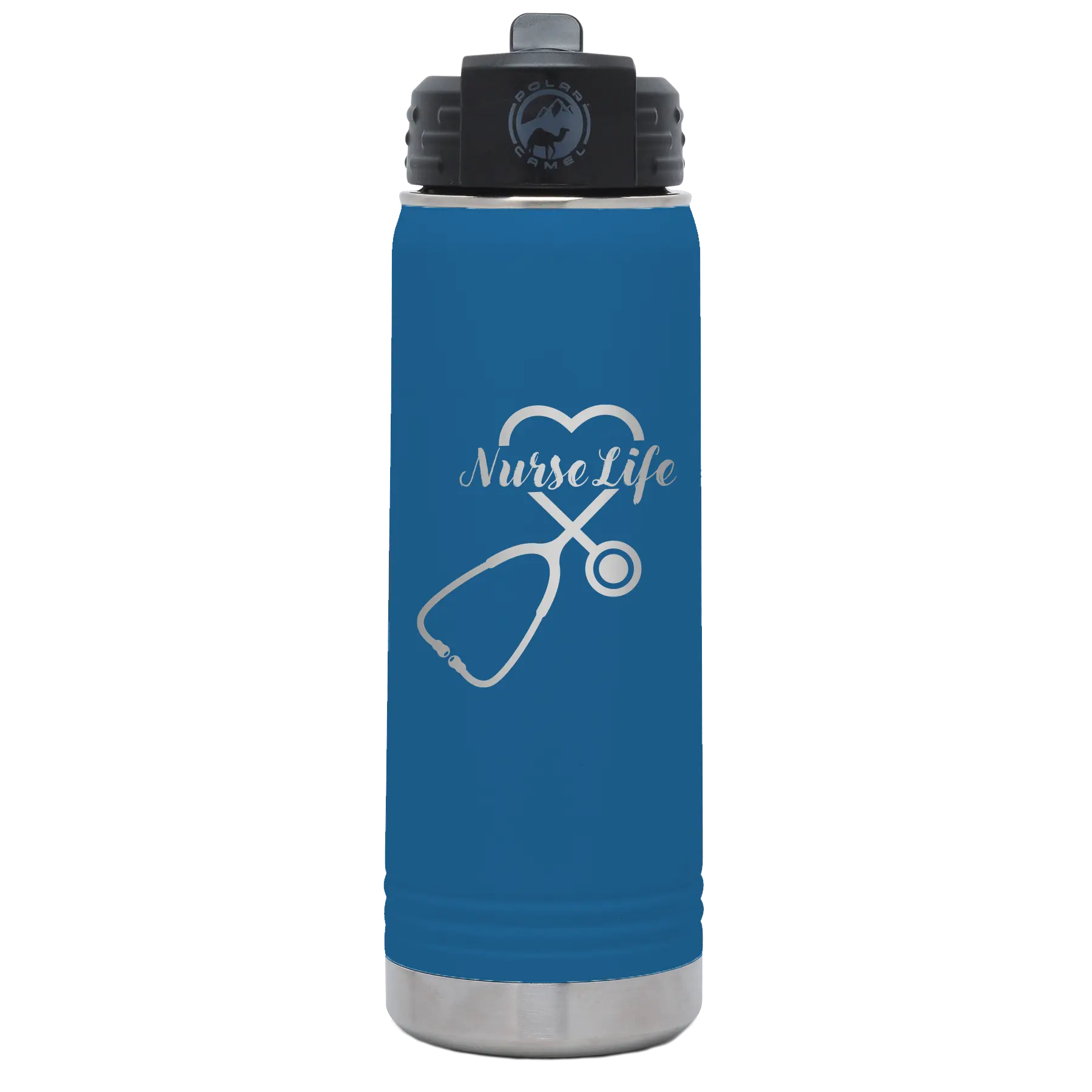 Laser etched royal blue 20 oz vacuum insulated water bottle with 'Nurse Life' design