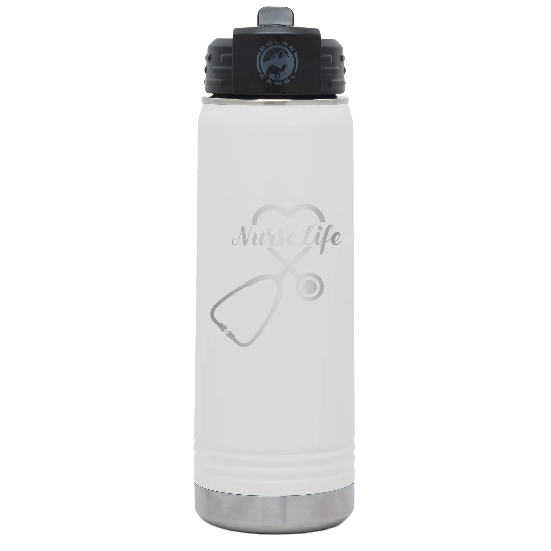 Laser etched white 20 oz vacuum insulated water bottle with 'Nurse Life' design