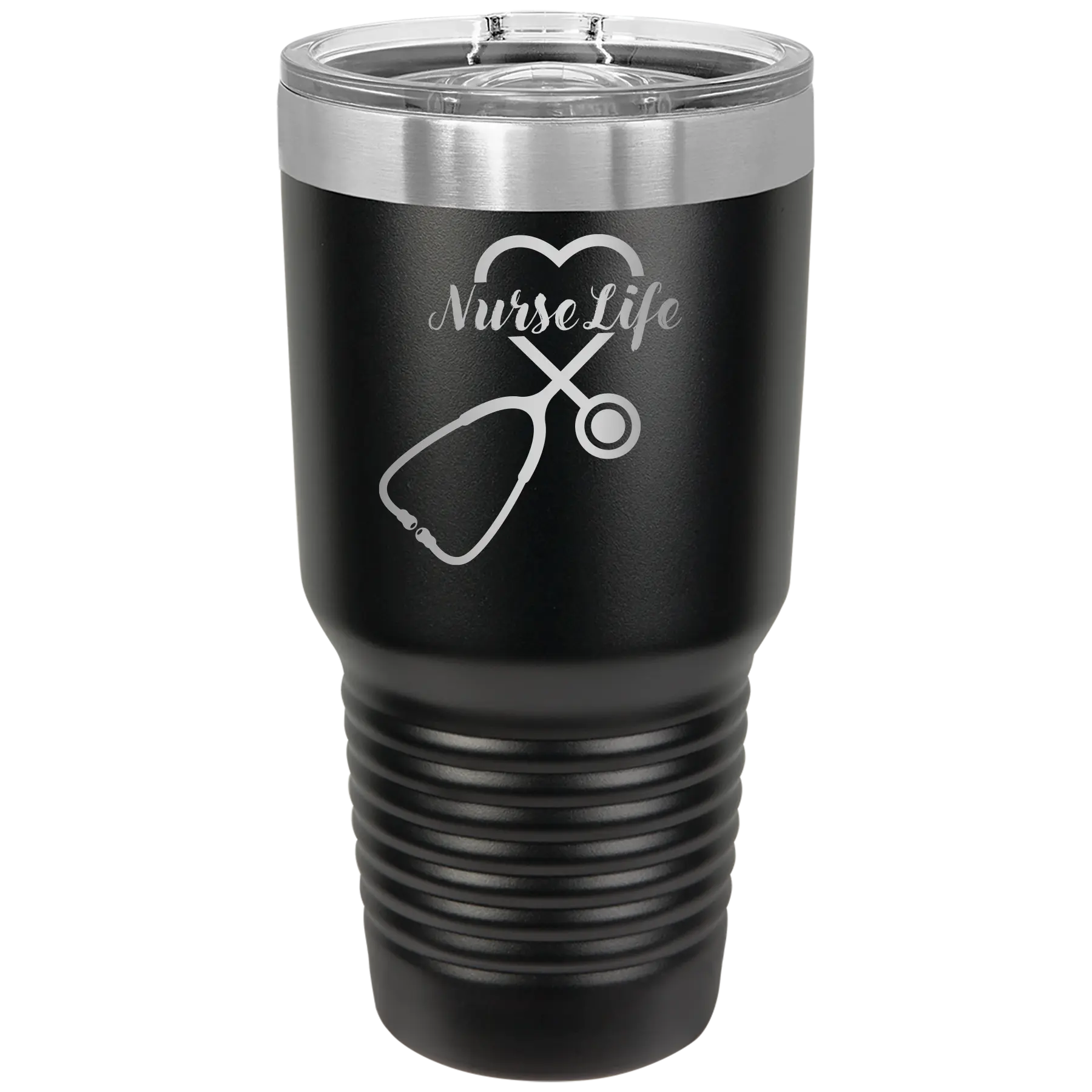 Laser etched black 30 oz vacuum insulated tumbler with 'Nurse Life' design