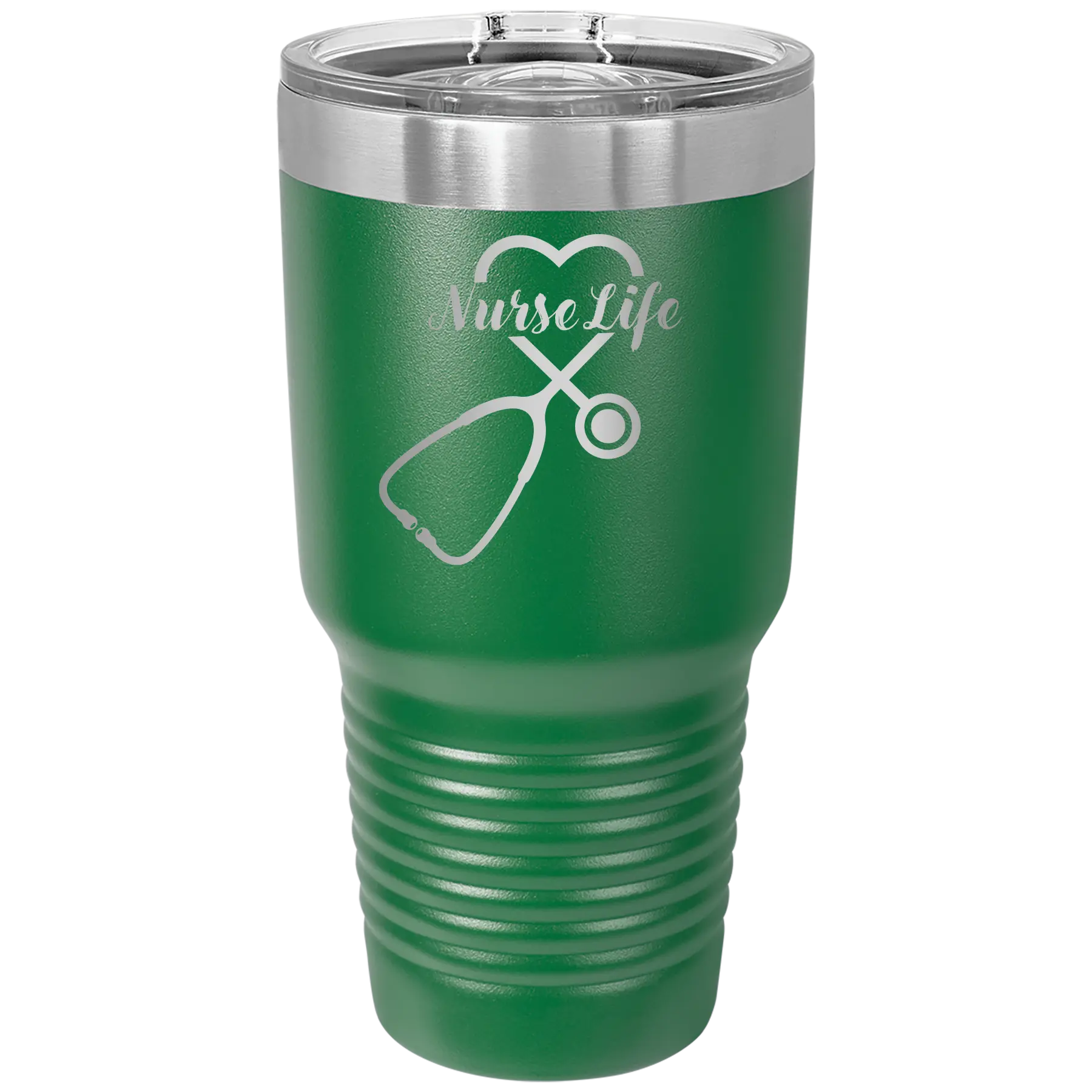 Laser etched green 30 oz vacuum insulated tumbler with 'Nurse Life' design