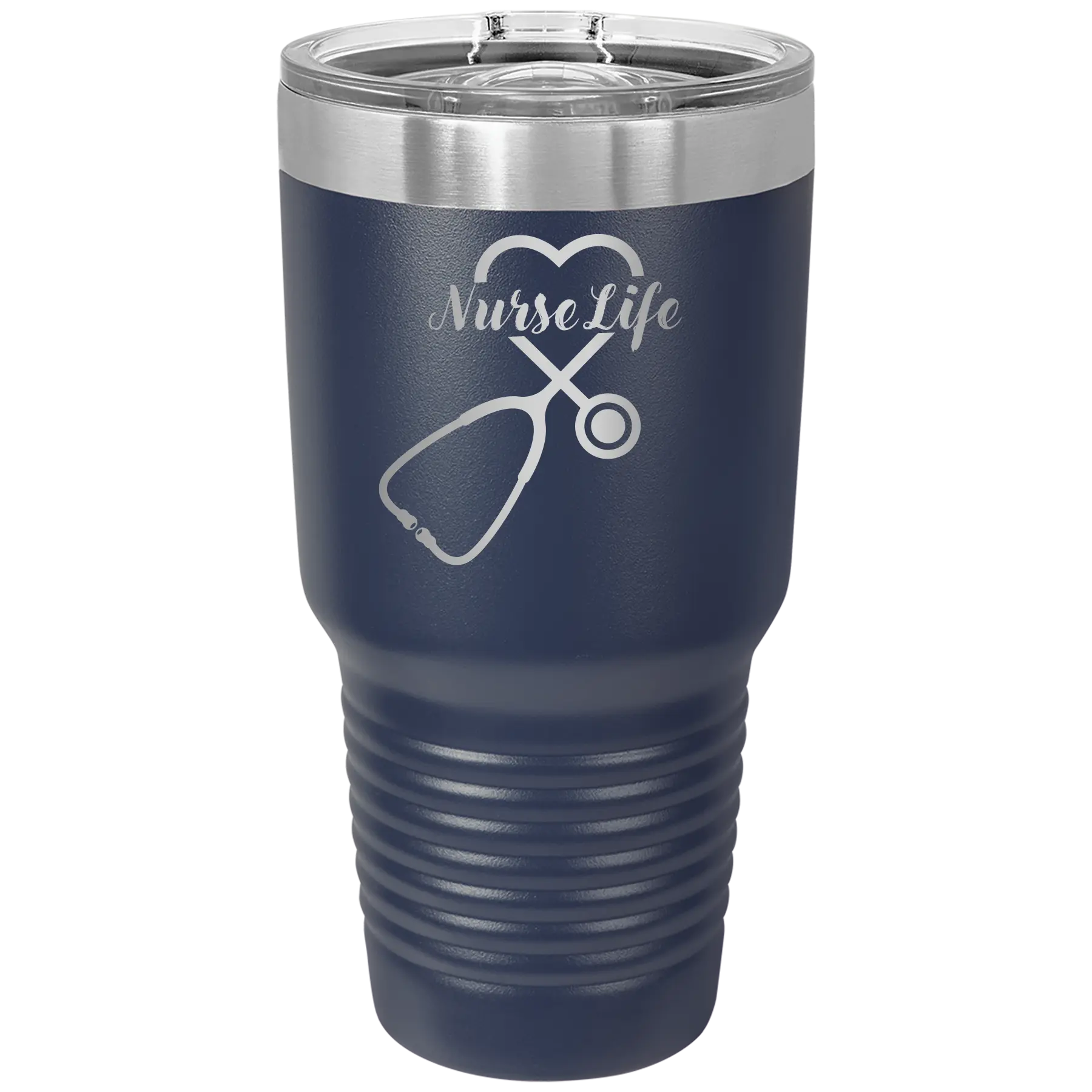 Laser etched navy 30 oz vacuum insulated tumbler with 'Nurse Life' design