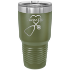 Laser etched olive green 30 oz vacuum insulated tumbler with 'Nurse Life' design