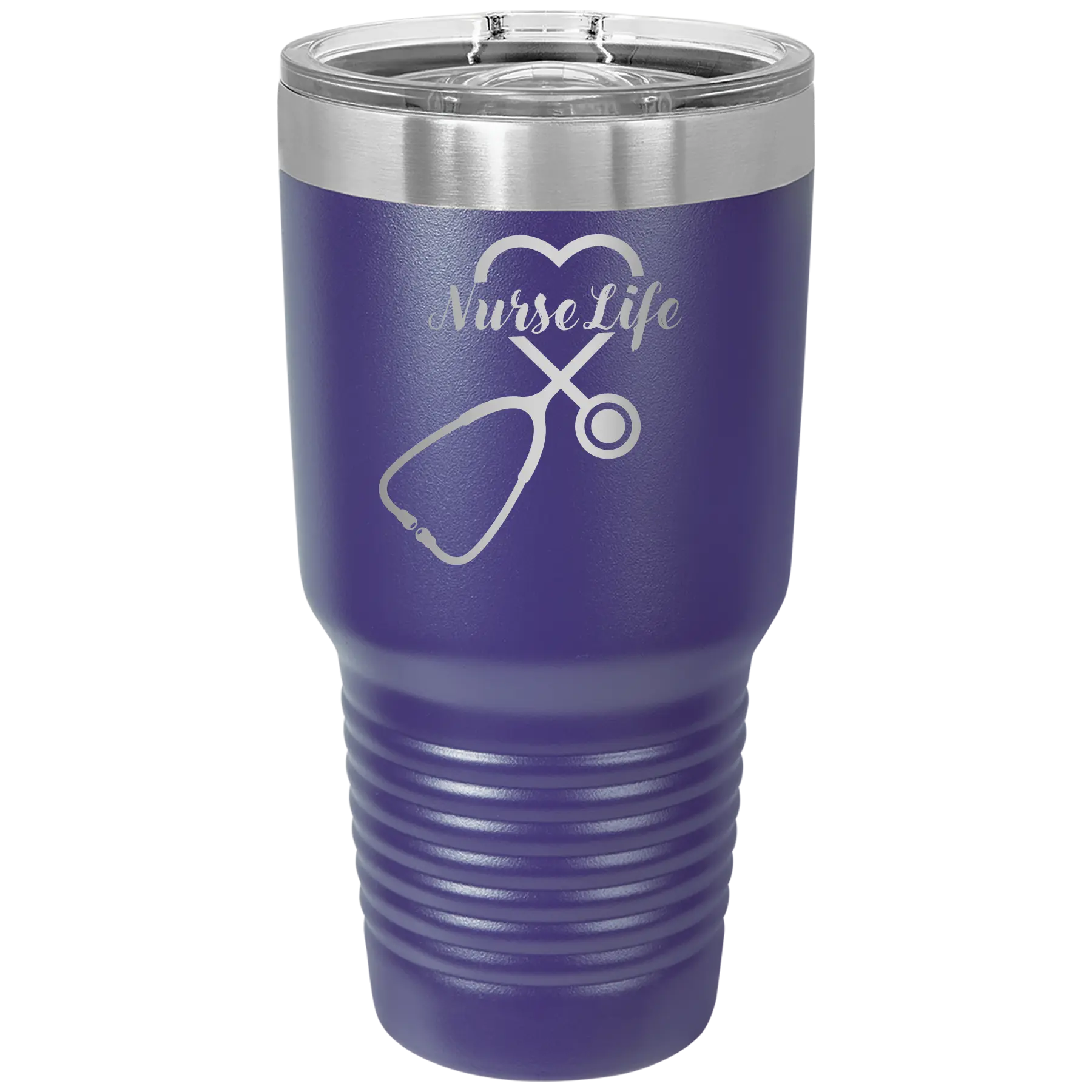 Laser etched purple 30 oz vacuum insulated tumbler with 'Nurse Life' design