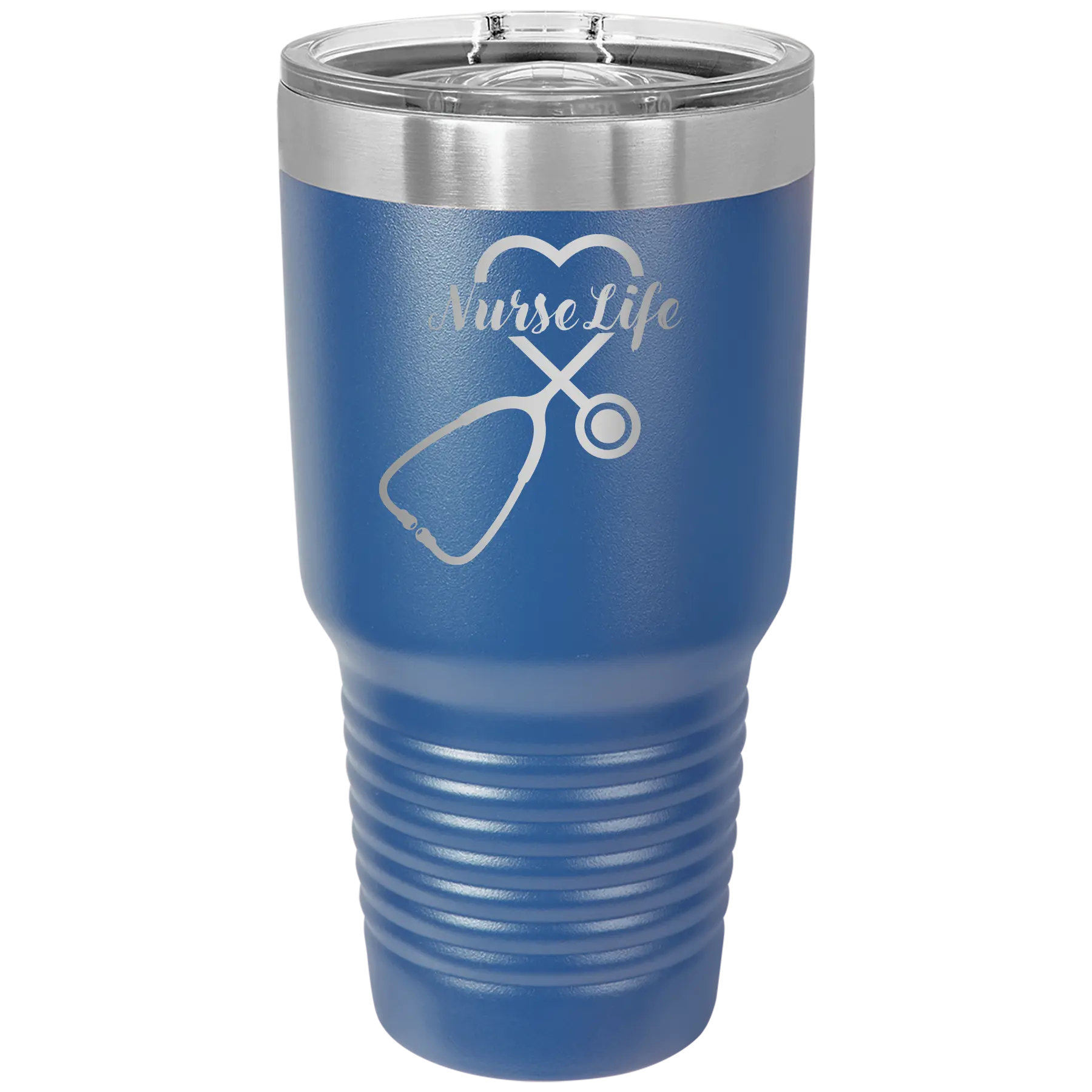 Laser etched royal blue 30 oz vacuum insulated tumbler with 'Nurse Life' design