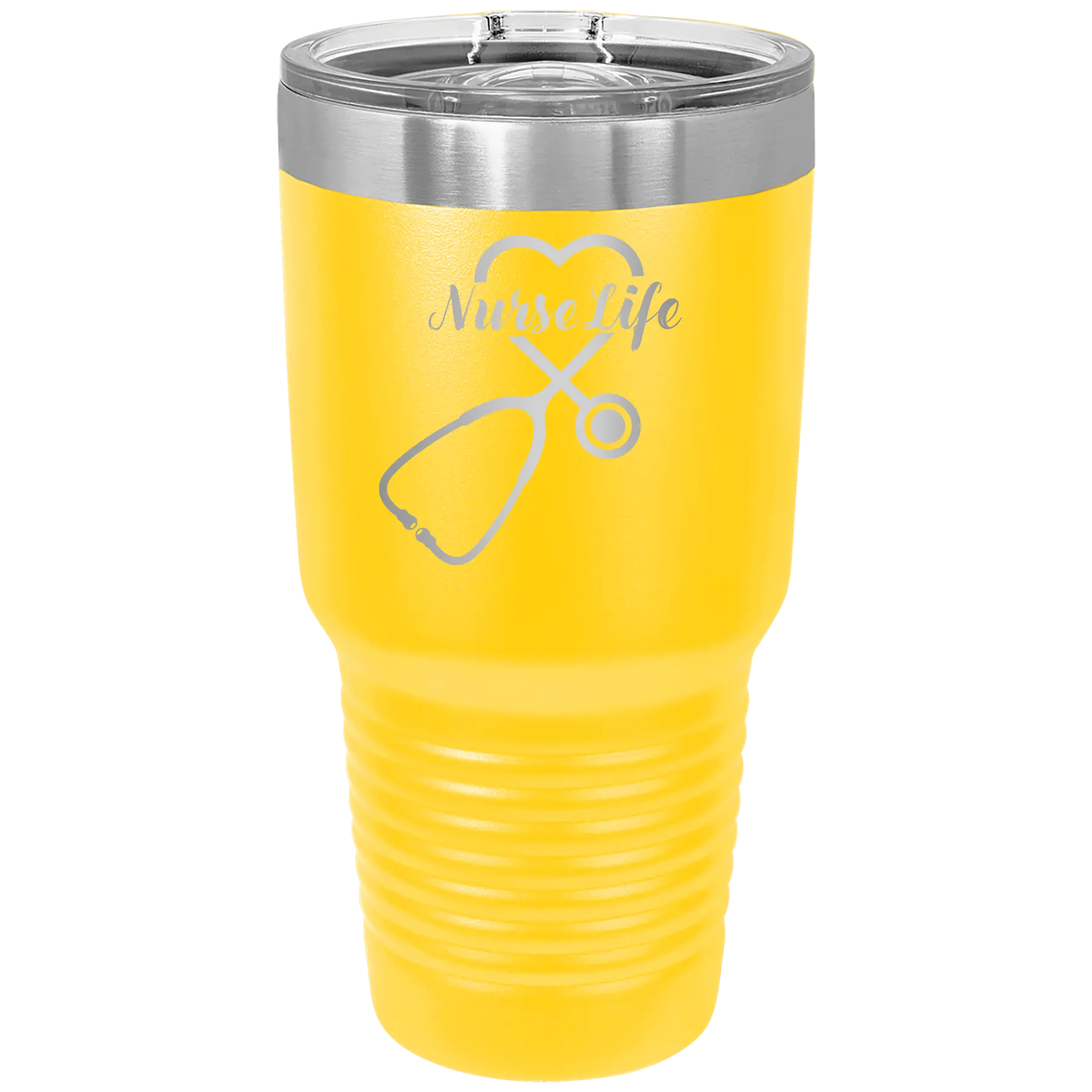 Laser etched yellow 30 oz vacuum insulated tumbler with 'Nurse Life' design
