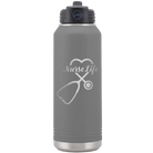 Laser etched dark gray 32 oz vacuum insulated water bottle with 'Nurse Life' design