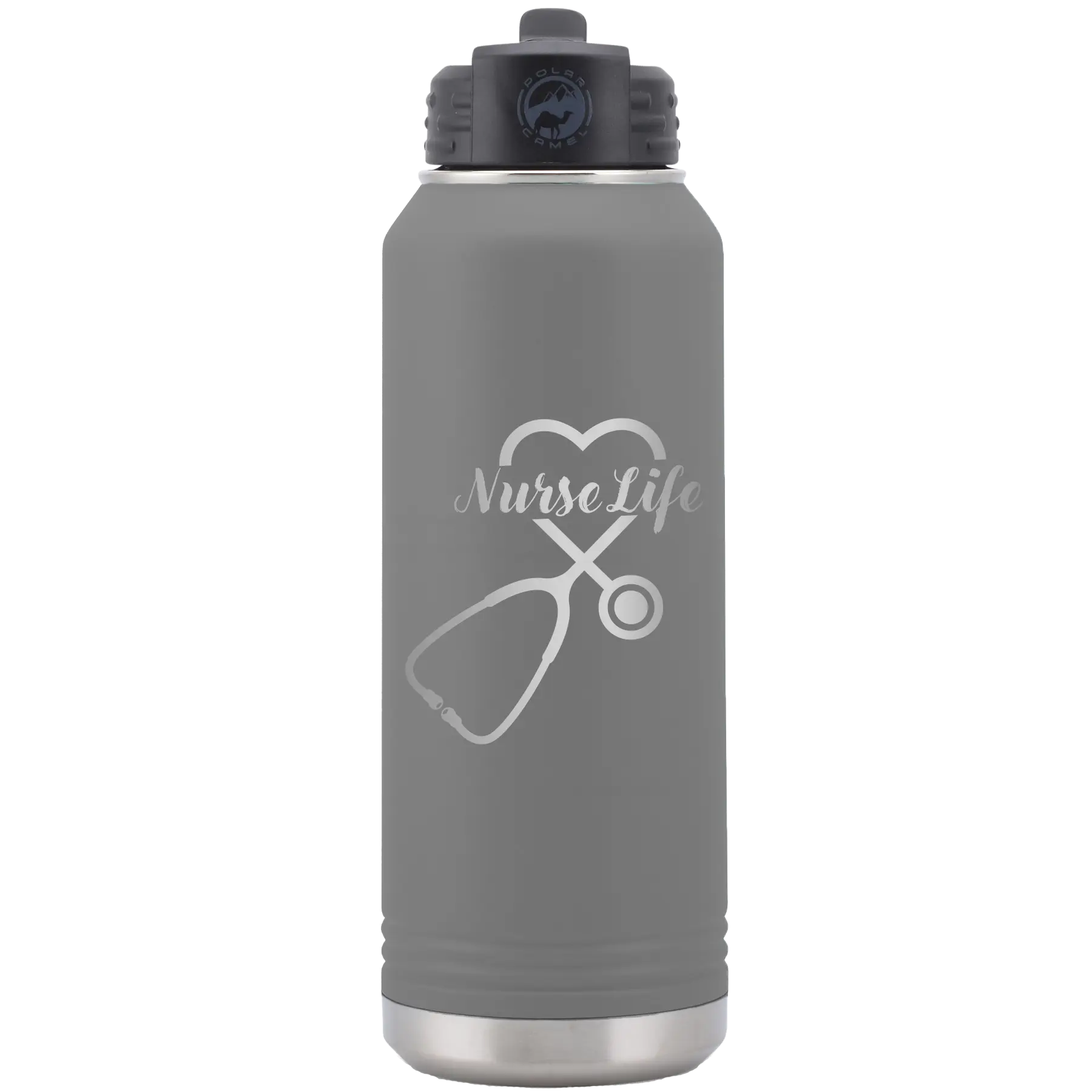 Laser etched dark gray 32 oz vacuum insulated water bottle with 'Nurse Life' design