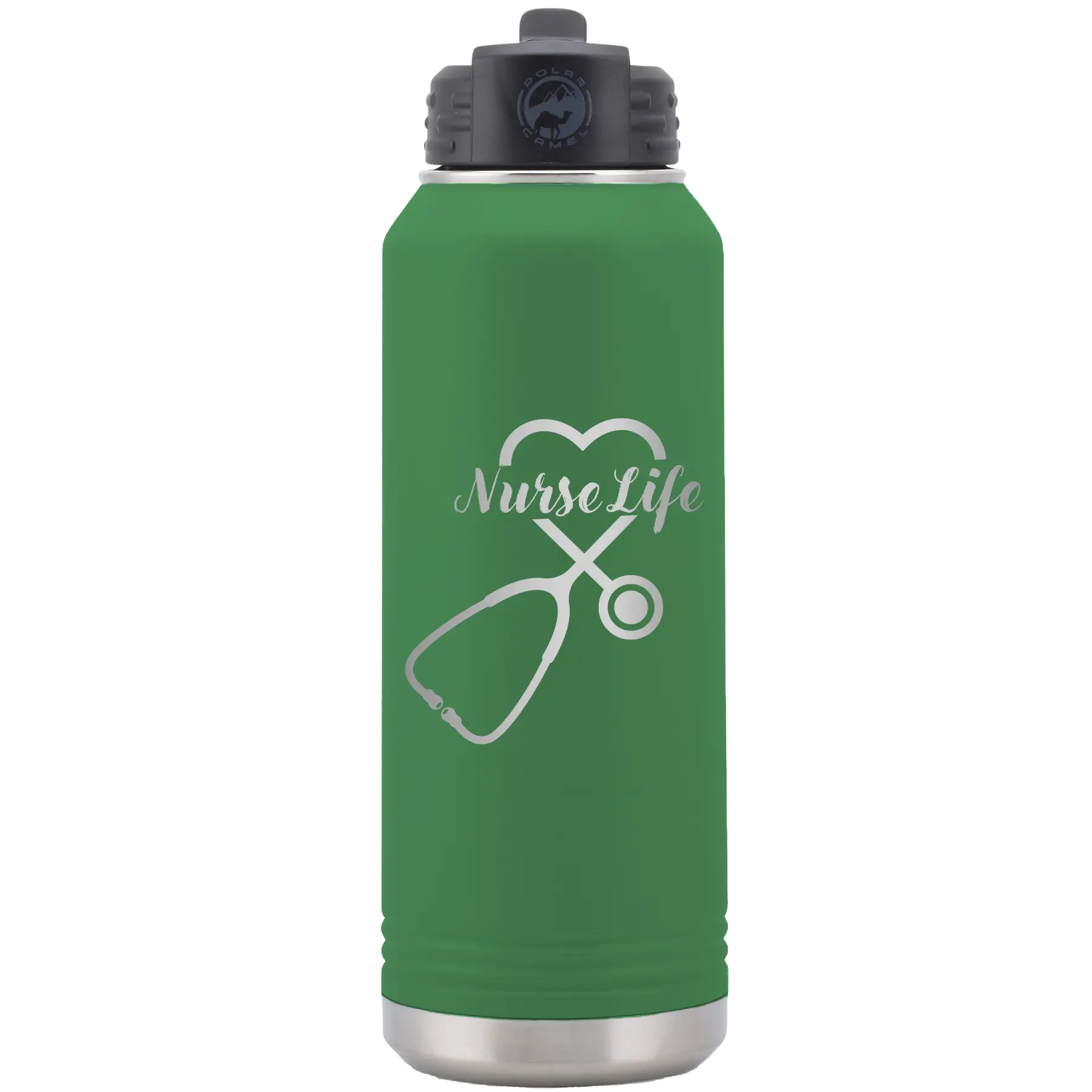 Laser etched green 32 oz vacuum insulated water bottle with 'Nurse Life' design