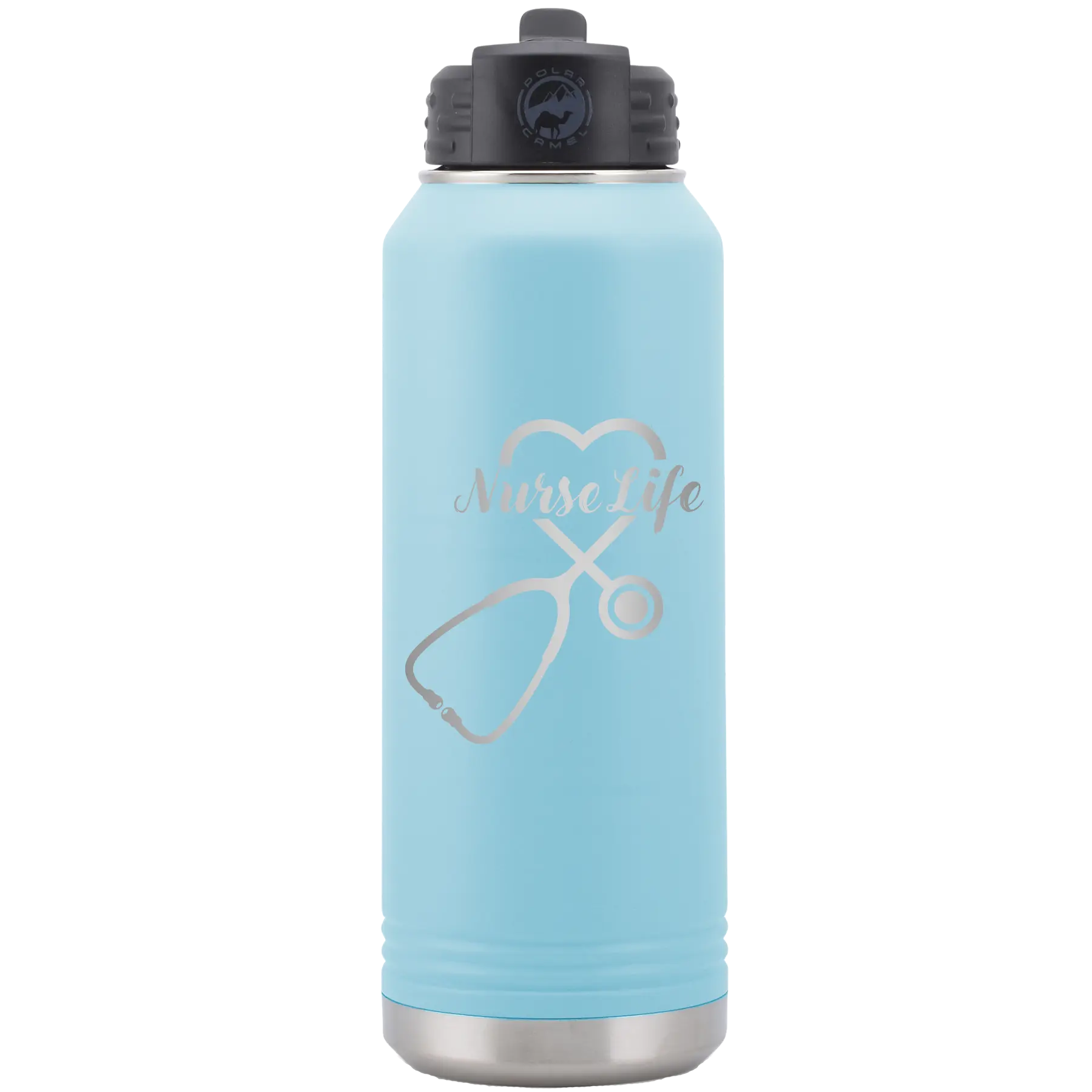 Laser etched light blue 32 oz vacuum insulated water bottle with 'Nurse Life' design