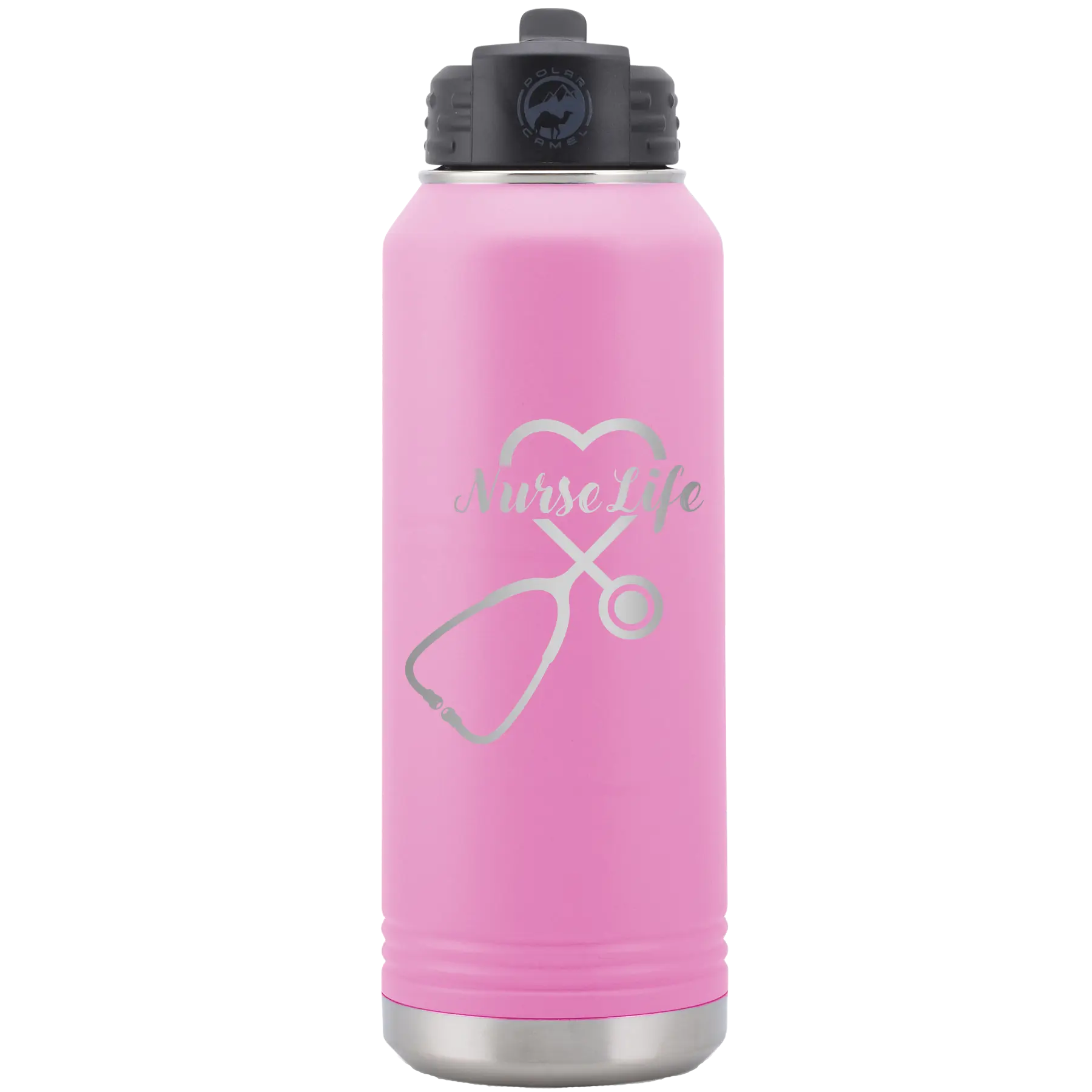 Laser etched light purple 32 oz vacuum insulated water bottle with 'Nurse Life' design