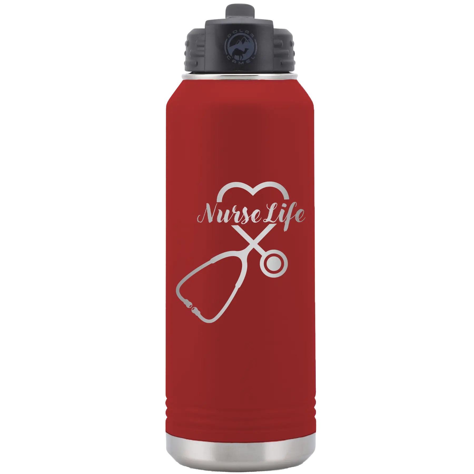 Laser etched maroon 32 oz vacuum insulated water bottle with 'Nurse Life' design