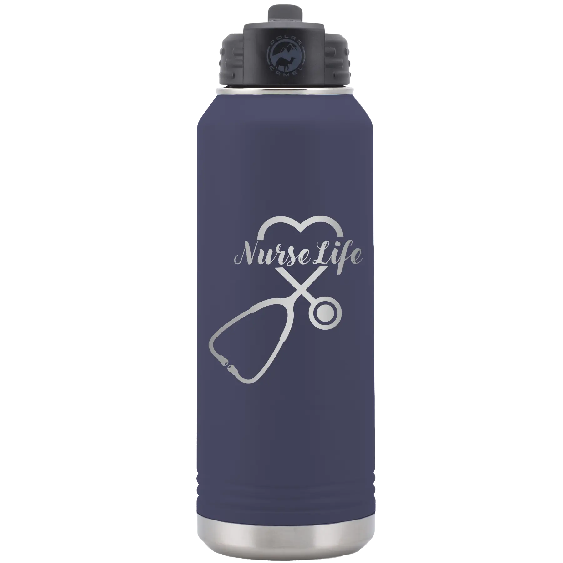 Laser etched navy 32 oz vacuum insulated water bottle with 'Nurse Life' design
