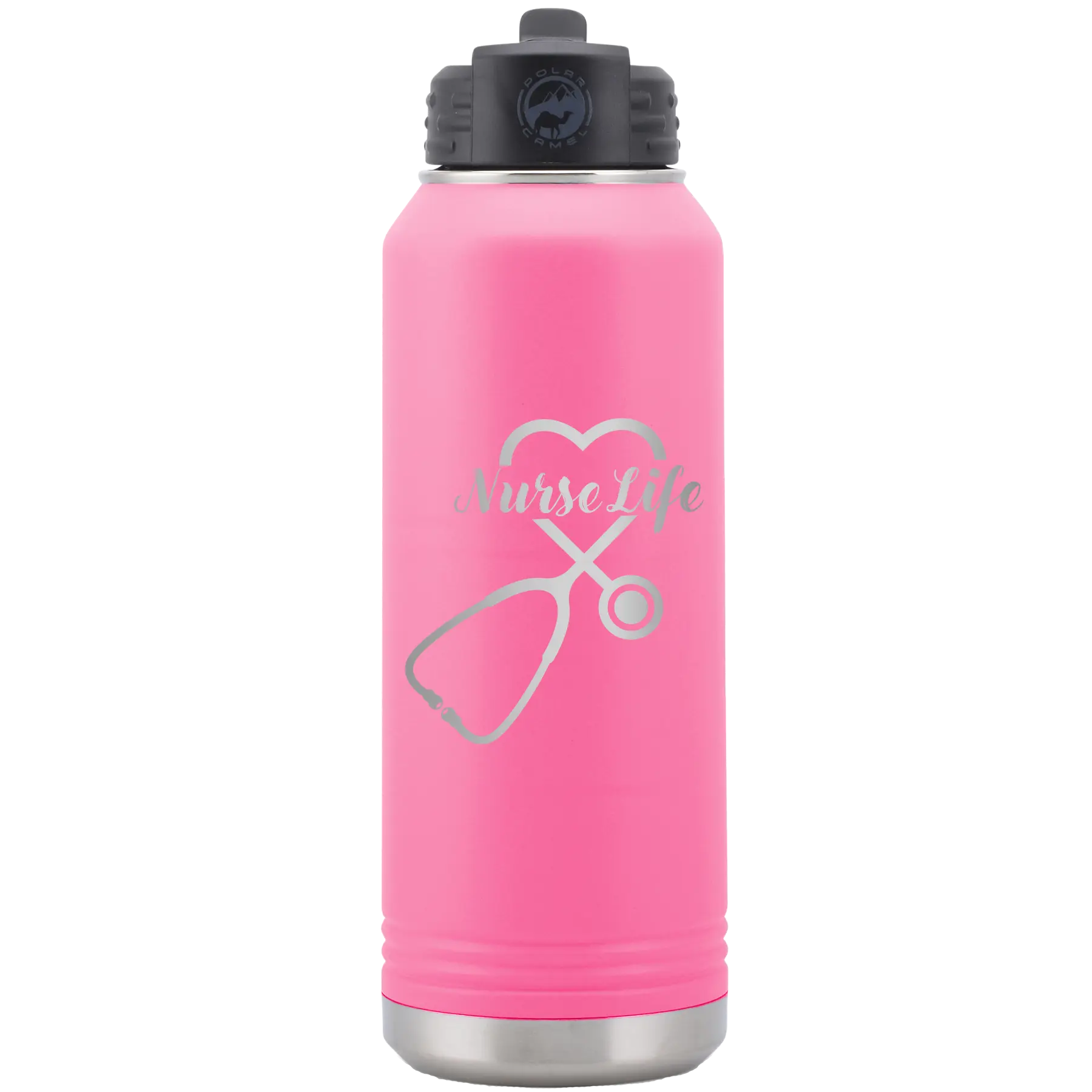 Laser etched pink 32 oz vacuum insulated water bottle with 'Nurse Life' design