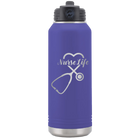 Laser etched purple 32 oz vacuum insulated water bottle with 'Nurse Life' design