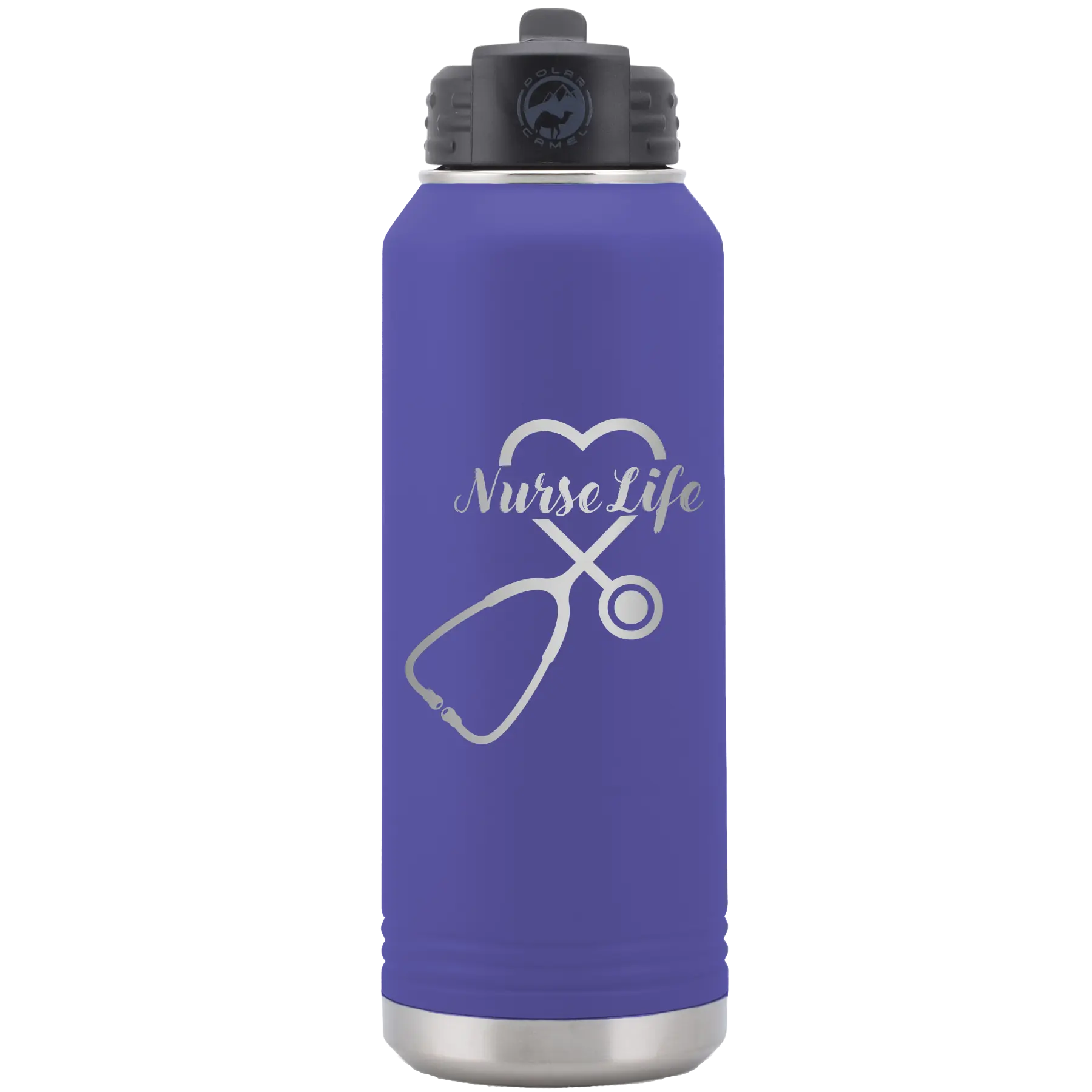 Laser etched purple 32 oz vacuum insulated water bottle with 'Nurse Life' design