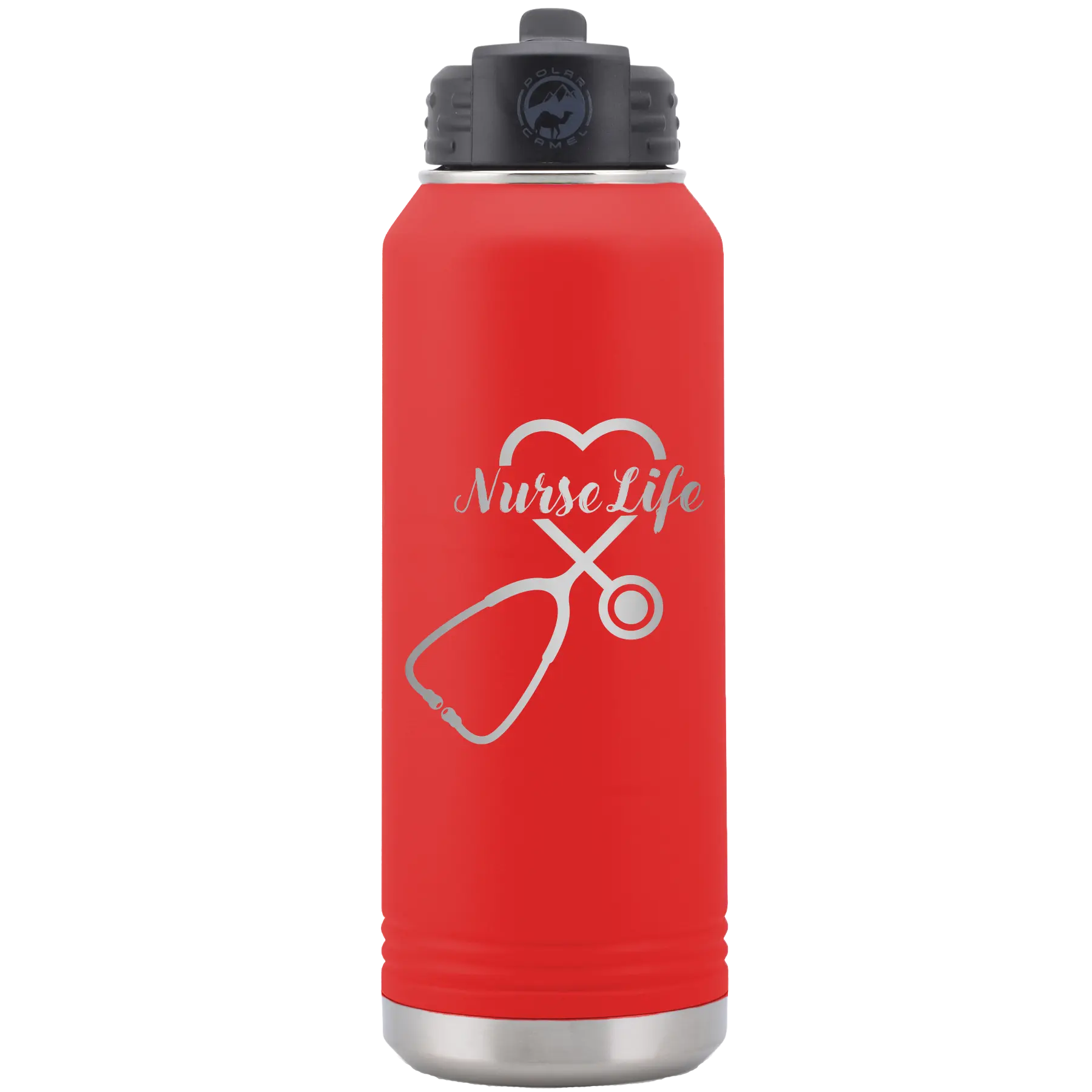 Laser etched red 32 oz vacuum insulated water bottle with 'Nurse Life' design