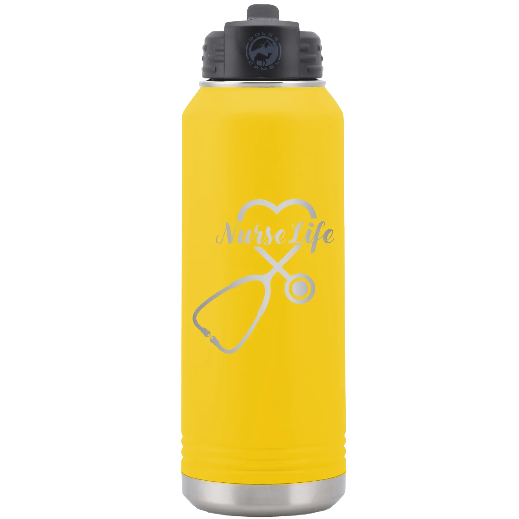 Laser etched yellow 32 oz vacuum insulated water bottle with 'Nurse Life' design
