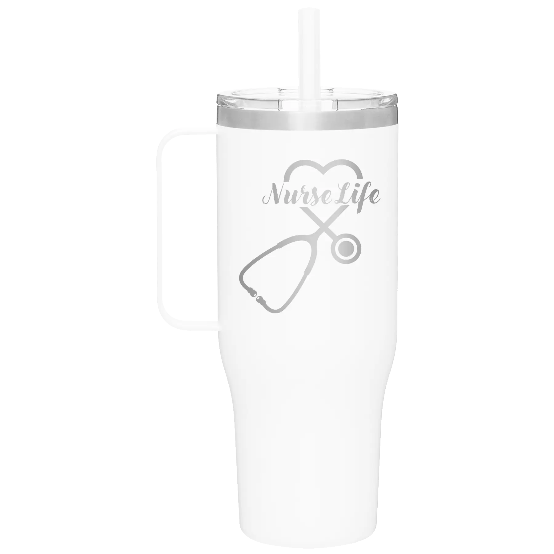 Laser etched white 40 oz vacuum insulated tumbler mug with 'Nurse Life' design