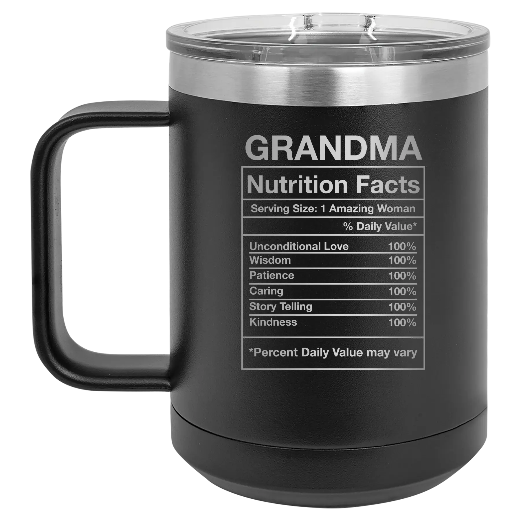 Laser etched black 15 oz vacuum insulated coffee mug with 'Grandma Nutrition' design