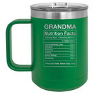 Laser etched green 15 oz vacuum insulated coffee mug with 'Grandma Nutrition' design