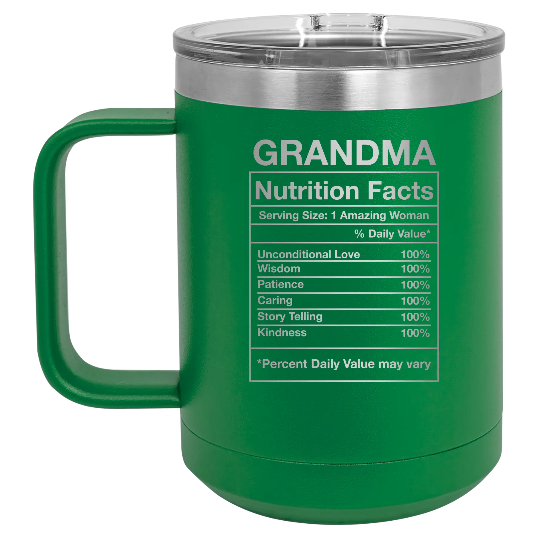 Laser etched green 15 oz vacuum insulated coffee mug with 'Grandma Nutrition' design