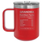 Laser etched red 15 oz vacuum insulated coffee mug with 'Grandma Nutrition' design