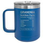 Laser etched royal blue 15 oz vacuum insulated coffee mug with 'Grandma Nutrition' design