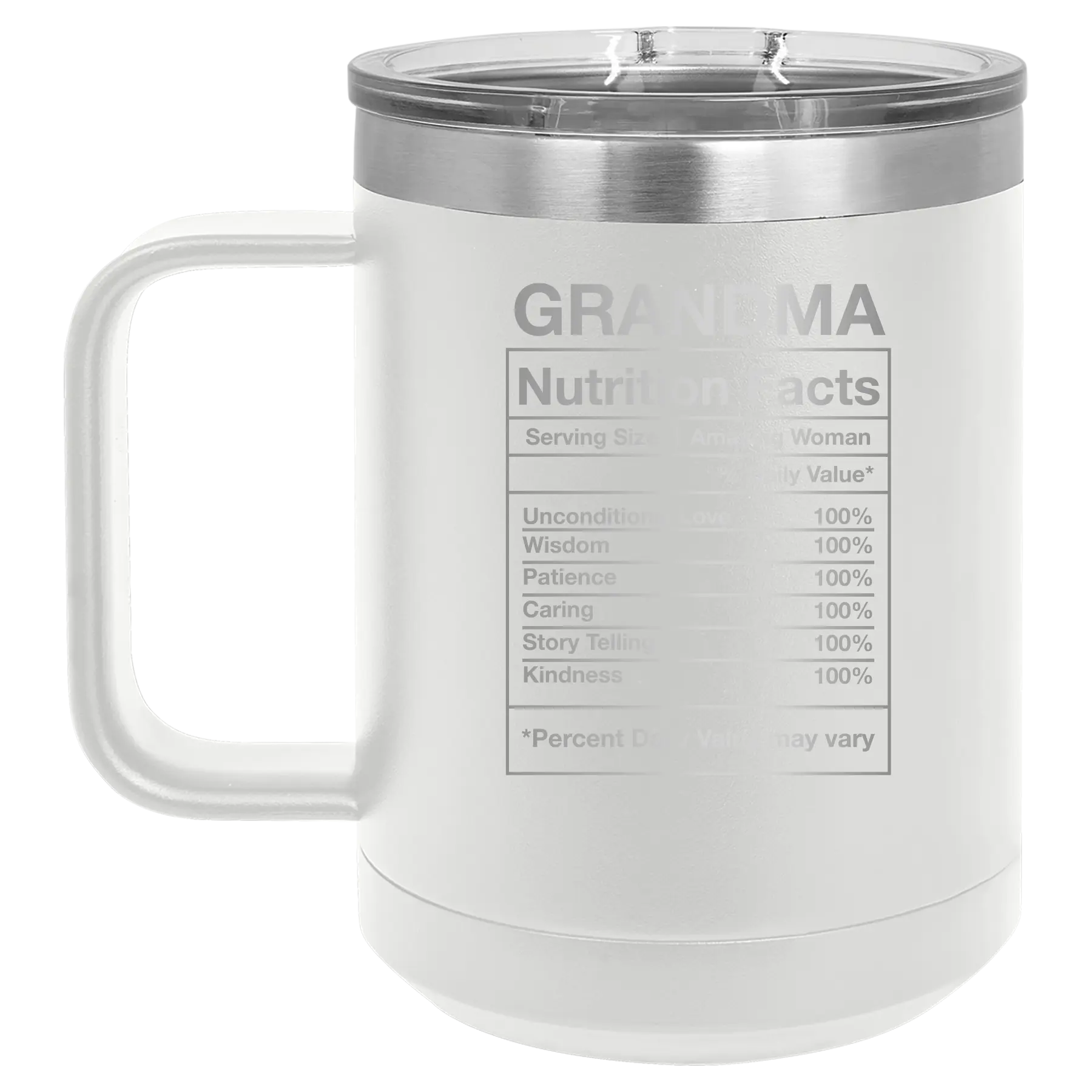 Laser etched white 15 oz vacuum insulated coffee mug with 'Grandma Nutrition' design