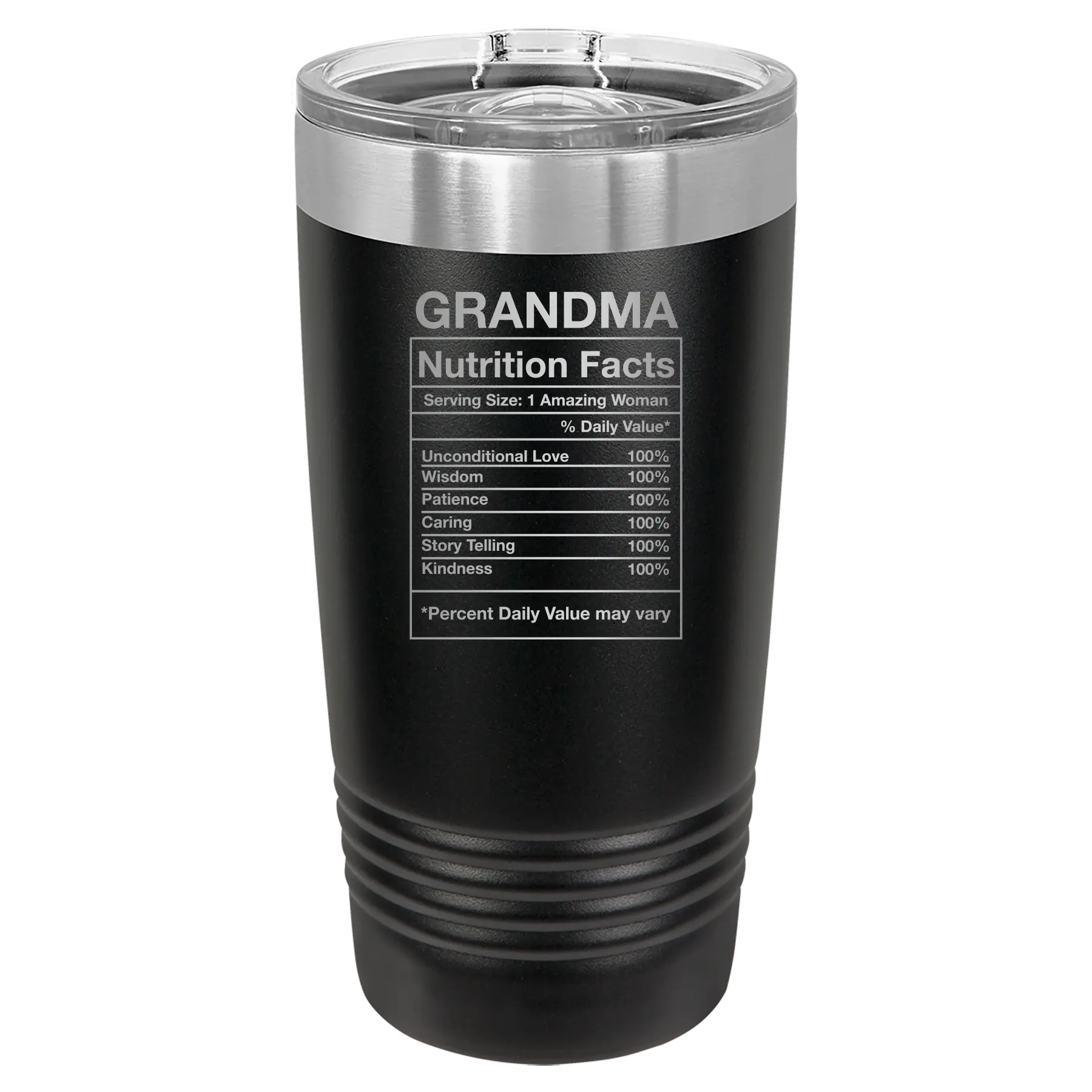 Laser etched black 20 oz vacuum insulated tumbler with 'Grandma Nutrition' design